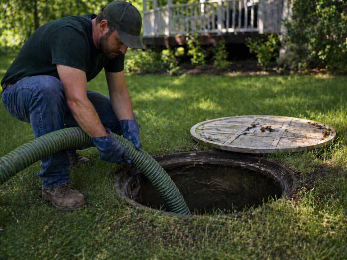 A man wearing gloves inserts a large hose into an open septic tank on a grassy lawn, with the tank's lid set aside&mdash;an important step in regular septic system care.