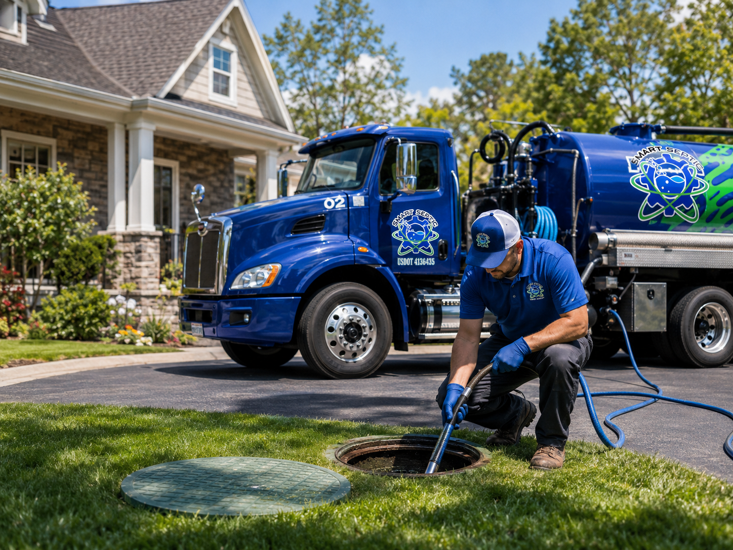 A worker in uniform uses a hose to service a residential septic tank with hydro jetting services, as a vacuum truck is parked nearby in a suburban neighborhood.