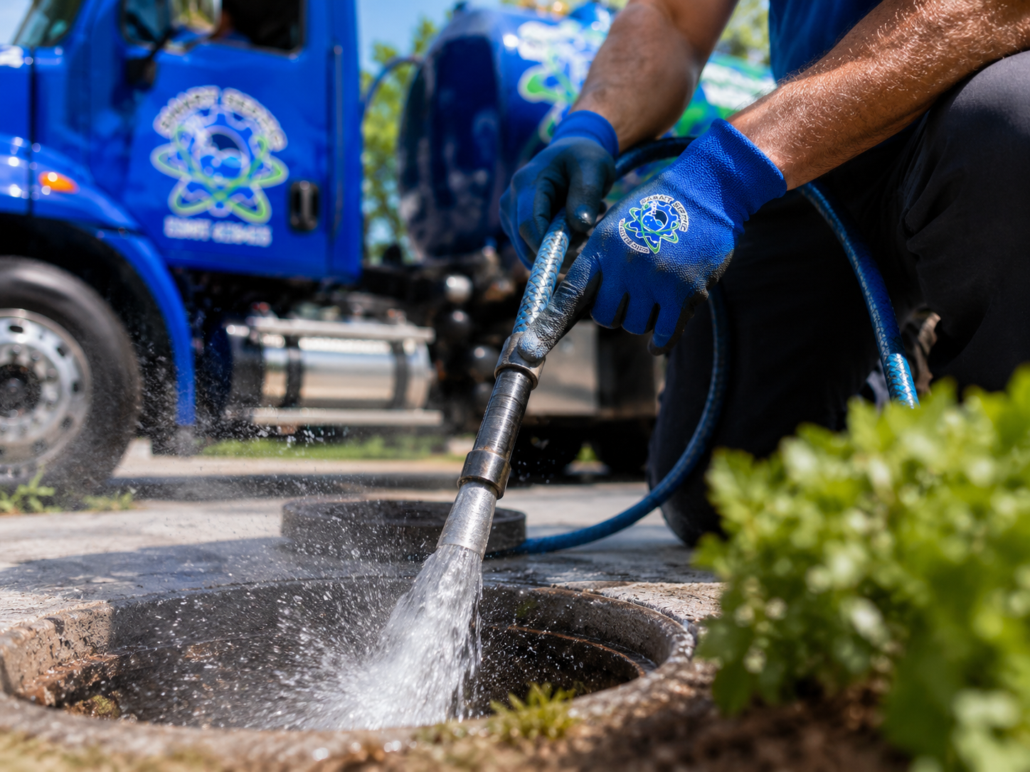 A worker wearing blue gloves sprays water into a manhole from a hose, performing hydro jetting services, with a blue utility truck visible in the background.