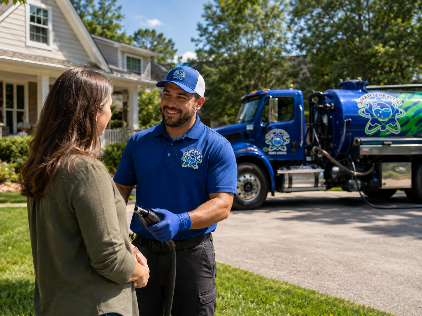 A smiling worker in a blue uniform discusses hydro jetting services with a woman outside her house, while a blue service truck is parked in the driveway.