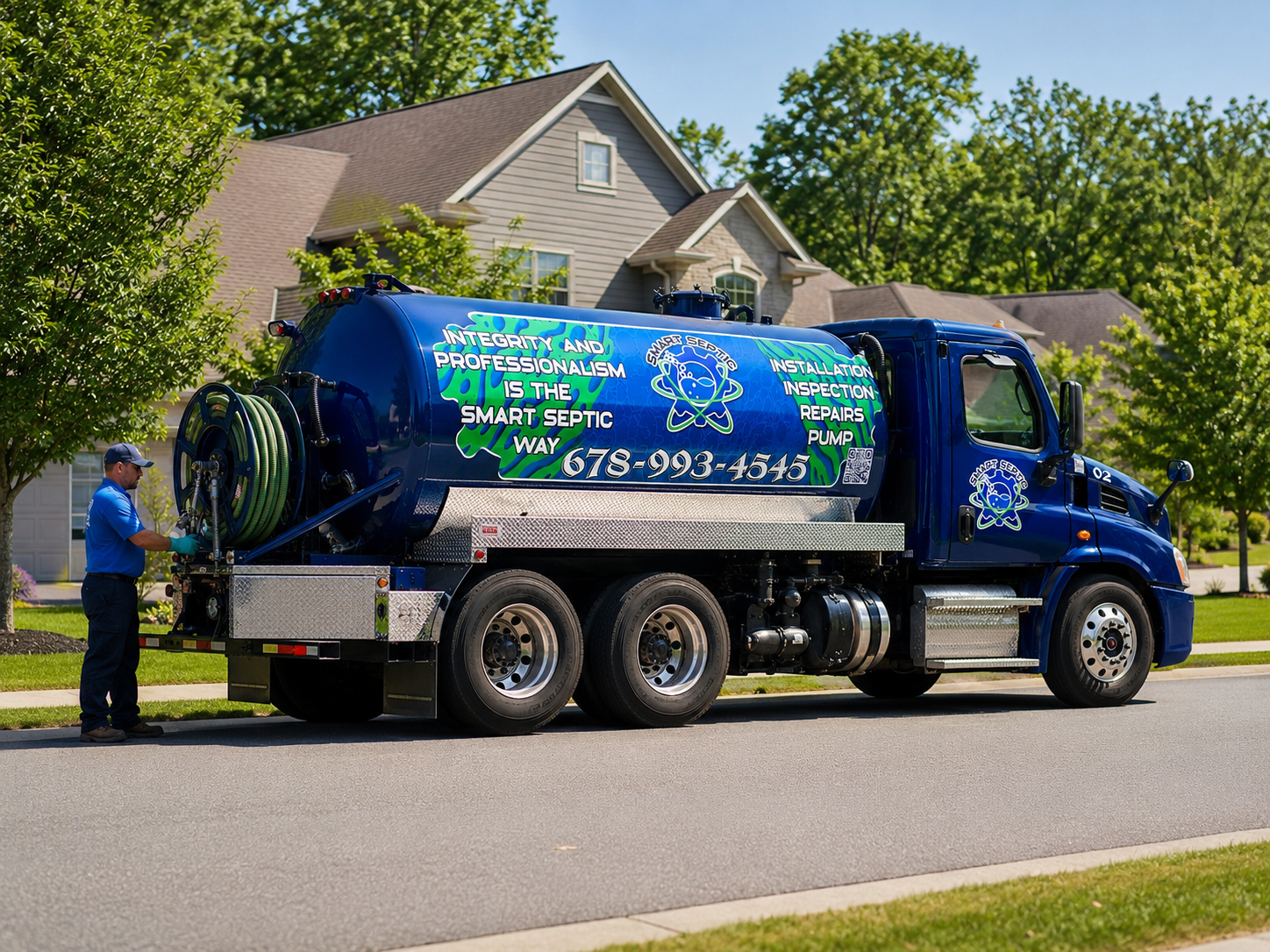 A blue septic service truck offering hydro jetting services, complete with business branding and contact details, is parked on a suburban street as a worker attends to equipment at the rear of the truck.