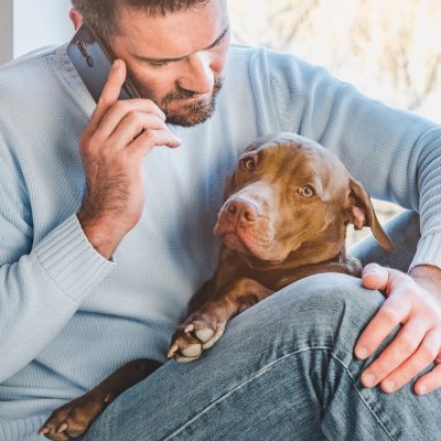 A man talking on a cell phone at home while holding a dog.