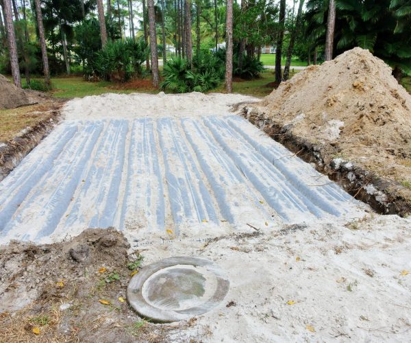 A sand pit is being constructed in the yard, with the assistance of septic services.